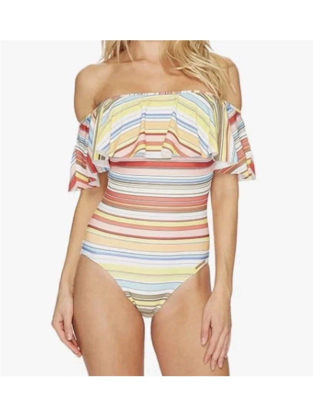 Vince Camuto Cruise White Multi Color Stripe One Piece Swimsuit Off Shoulder 8